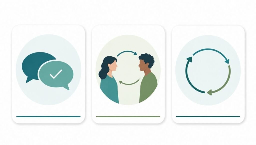 Illustration showing three types of consent: verbal consent, non-verbal consent, and ongoing consent with simple icons
