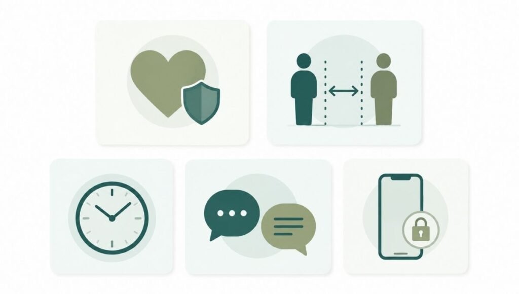 Illustration showing five types of relationship boundaries including emotional, physical, time, intellectual, and digital boundaries
