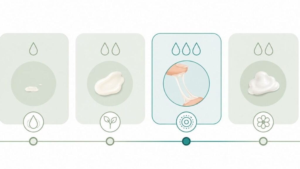 Timeline illustration showing how vaginal discharge changes across the menstrual cycle from post-menstruation to ovulation to luteal phase

