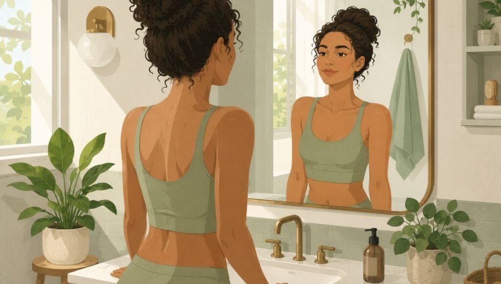 Woman looking confidently in a bathroom mirror representing vaginal health awareness and self-care for women
