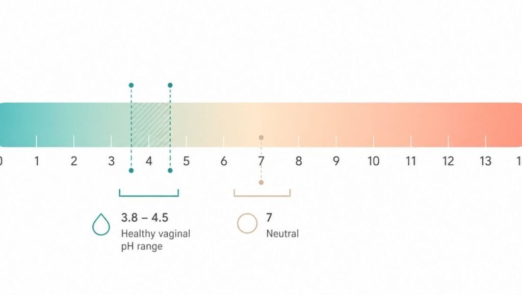 pH scale illustration showing the healthy vaginal pH range between 3.8 and 4.5 as a moderately acidic environment
