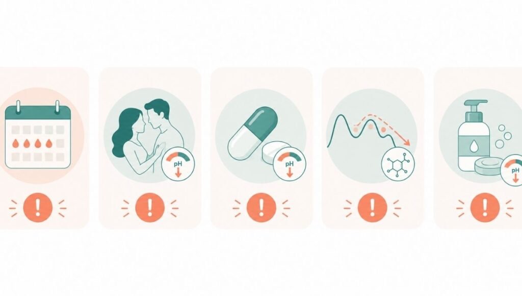 Illustration showing five common factors that disrupt vaginal pH balance including menstruation, antibiotics, and hygiene products
