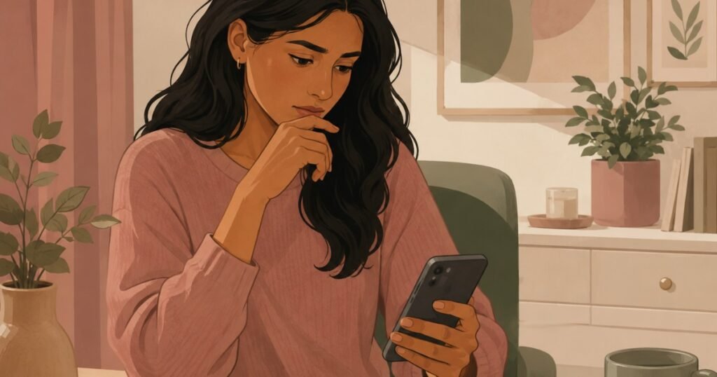 Woman privately researching BV and yeast infection symptoms representing confusion between the two conditions and women's vaginal health
