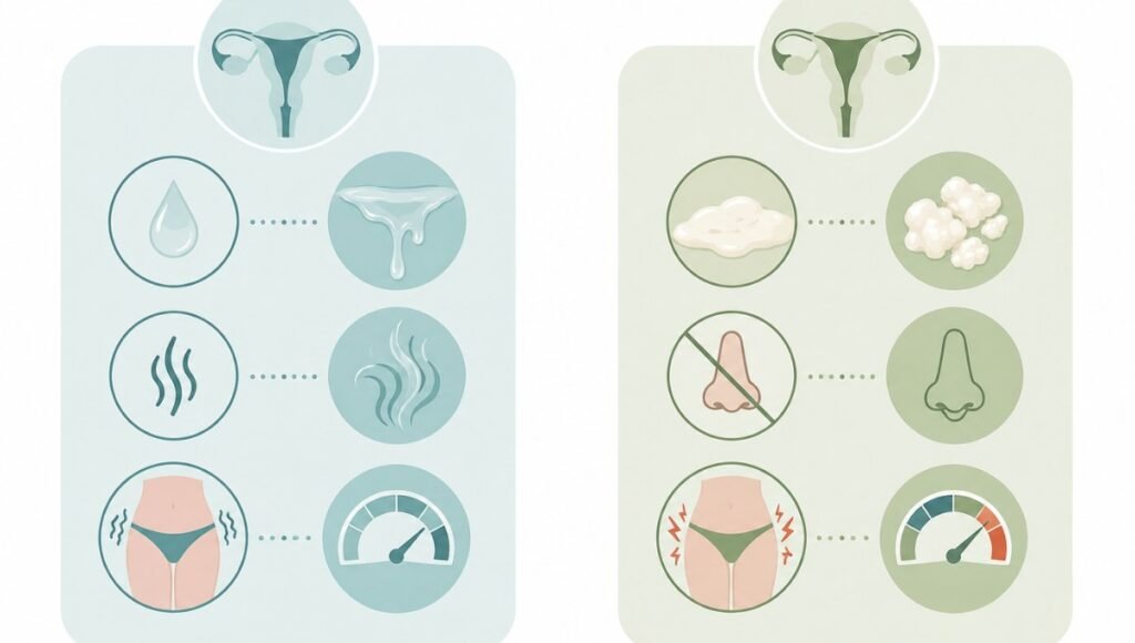 Side-by-side illustration comparing bacterial vaginosis showing thin discharge and fishy odour versus yeast infection showing thick discharge and intense itching
