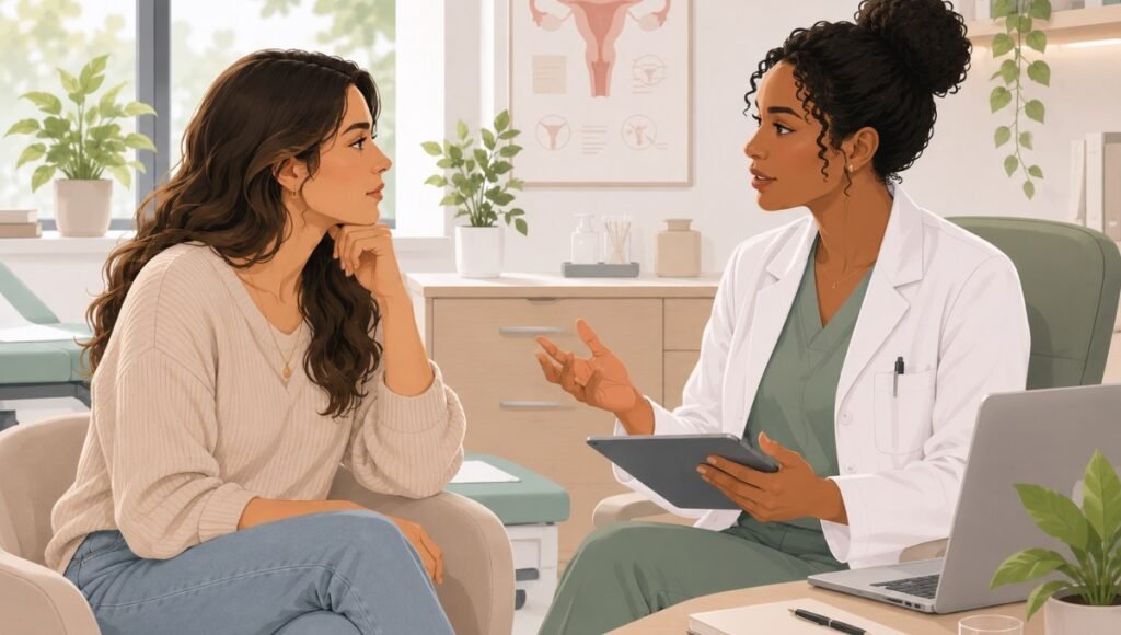 Woman having an open conversation with a doctor about BV and yeast infection symptoms representing clinical diagnosis and treatment guidance

