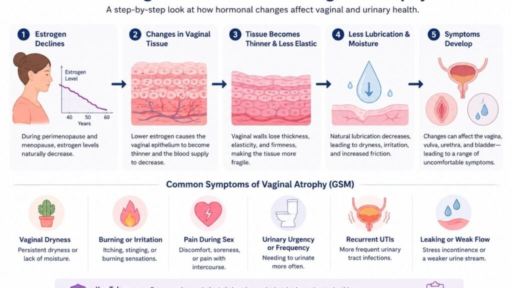Diagram showing how declining estrogen contributes to vaginal atrophy and urinary symptoms