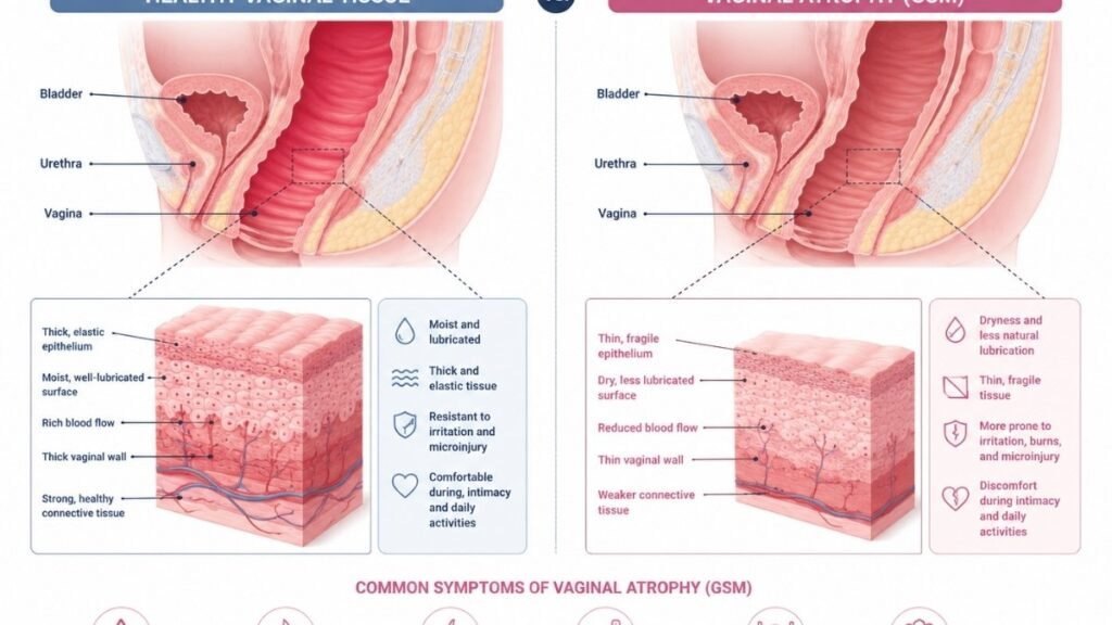 Cross-sectional comparison of healthy vaginal tissue and vaginal atrophy showing structural changes