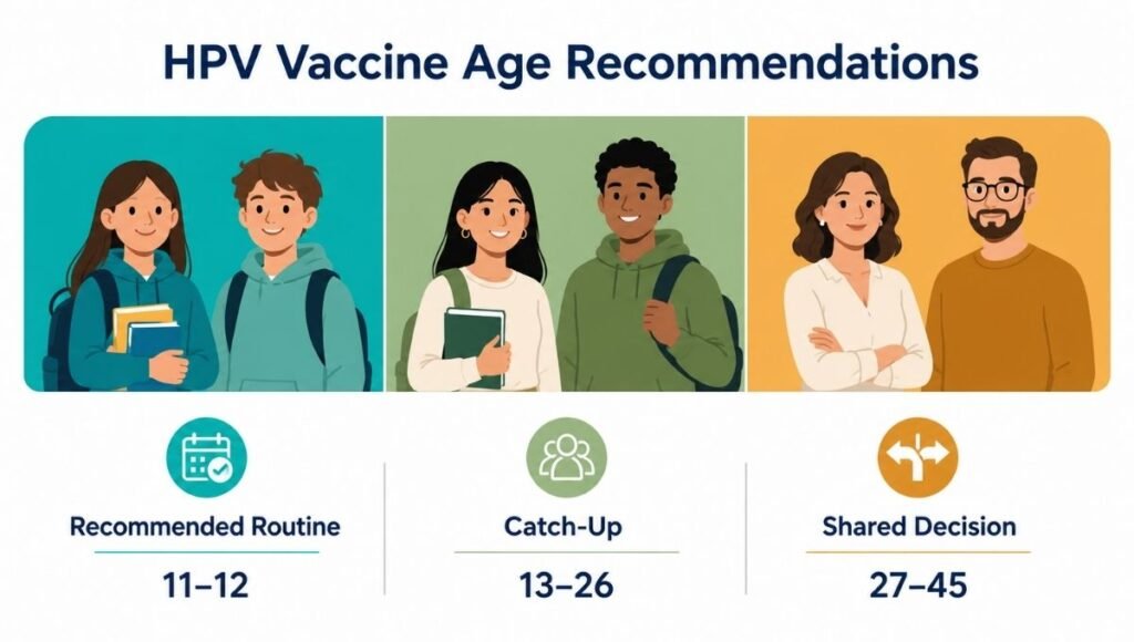 Age spectrum illustration showing HPV vaccine recommendations from routine window at 11-12 through catch-up to ages 13-26 and shared decision ages 27-45