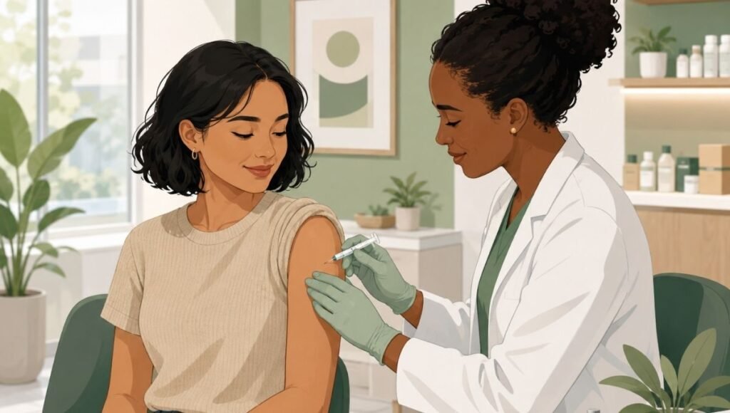 Young adult receiving HPV vaccine injection from a healthcare provider in a modern clinic representing HPV vaccination and preventive sexual health