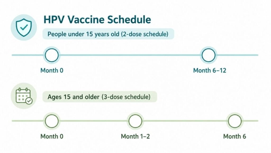Timeline illustration showing the HPV vaccine schedule with two doses for under 15s and three doses for age 15 and older
