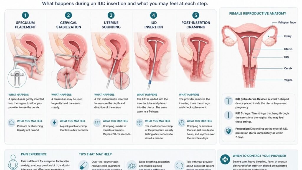 Step-by-step illustration highlighting where discomfort typically occurs during IUD insertion.