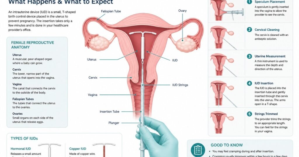 Medical illustration showing the uterus, cervix, and IUD during insertion with a calm educational style.
