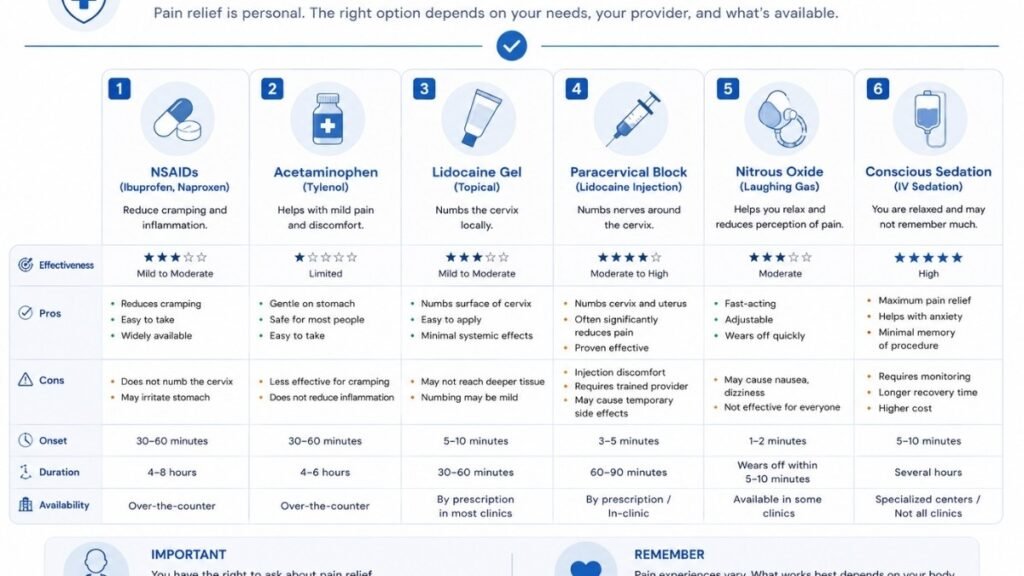Comparison infographic of common pain management options before and during IUD insertion.