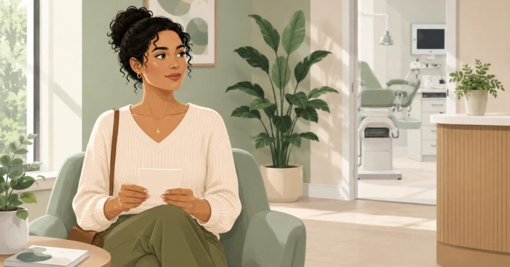Woman sitting confidently in a gynaecology clinic waiting room representing routine pap smear cervical screening and preventive health
