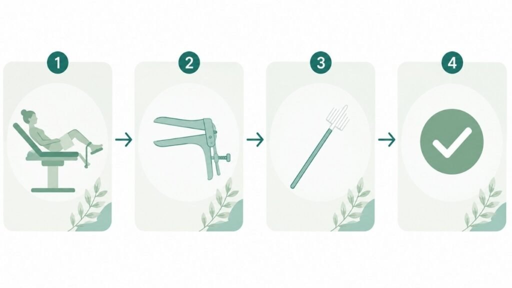 Step-by-step illustration showing the pap smear procedure from positioning through speculum insertion to cell collection and completion
