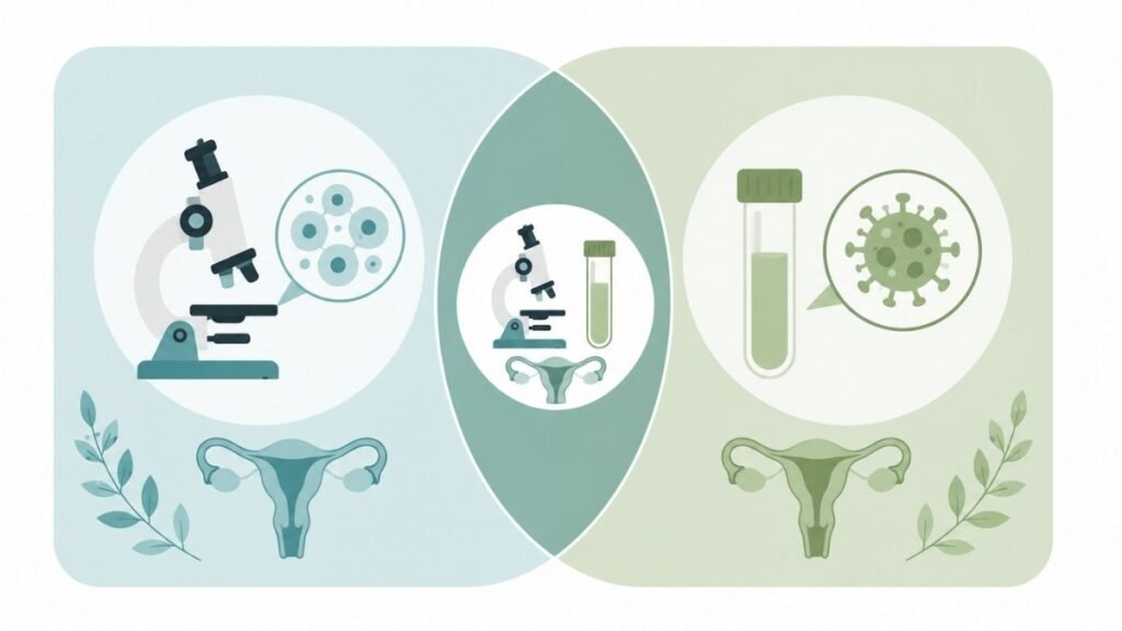Illustration comparing pap smear showing cervical cell examination versus HPV test showing viral detection with co-test overlap zone
