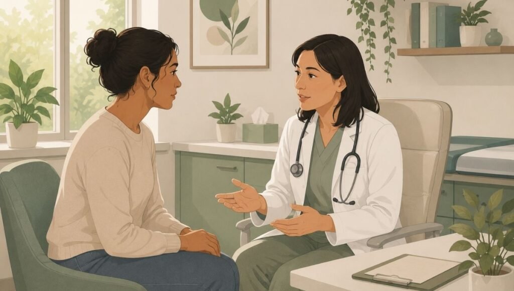 Woman having an open conversation with a doctor about recurrent UTI after sex representing clinical management and prevention options
