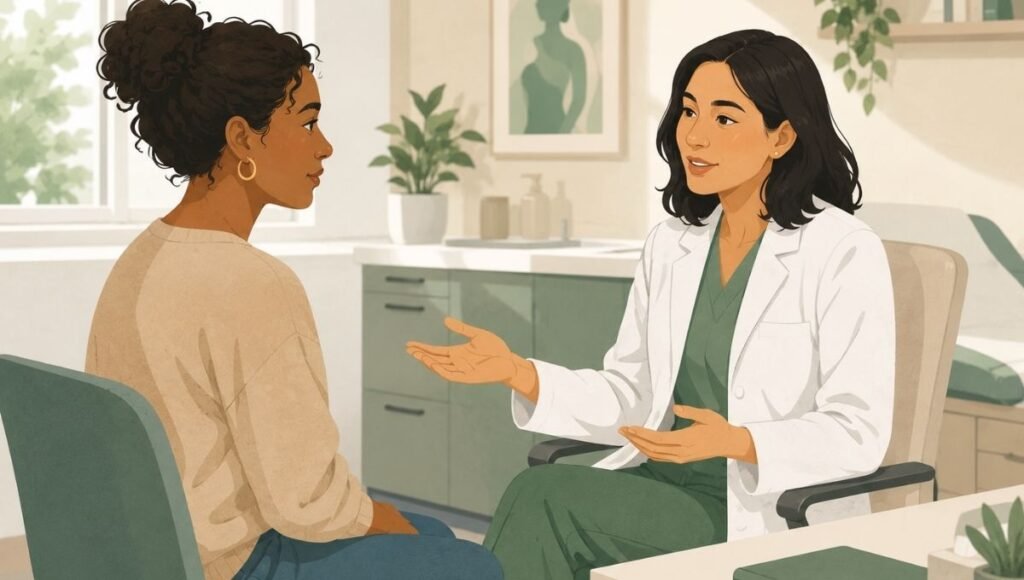 Woman discussing recurring yeast infections or BV with a doctor representing clinical management and specialist treatment options
