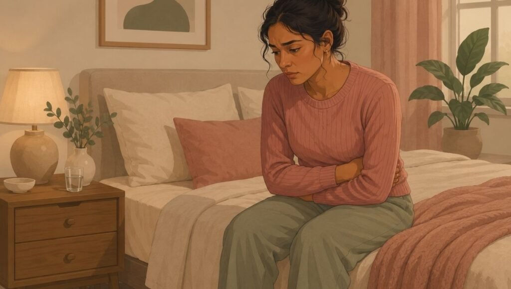 Woman sitting thoughtfully on a bed representing the private experience of dealing with UTI after sex and urinary health
