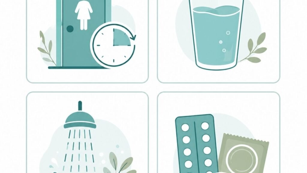 Illustration showing four evidence-based UTI prevention strategies after sex including urinating promptly and staying hydrated
