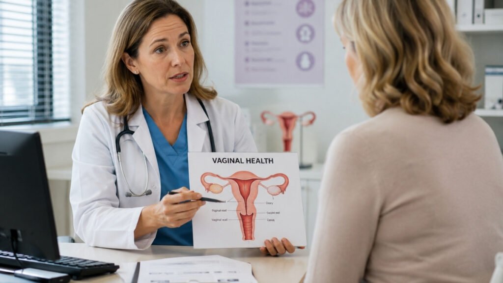 Woman discussing vaginal atrophy symptoms with a gynecologist during a medical consultation