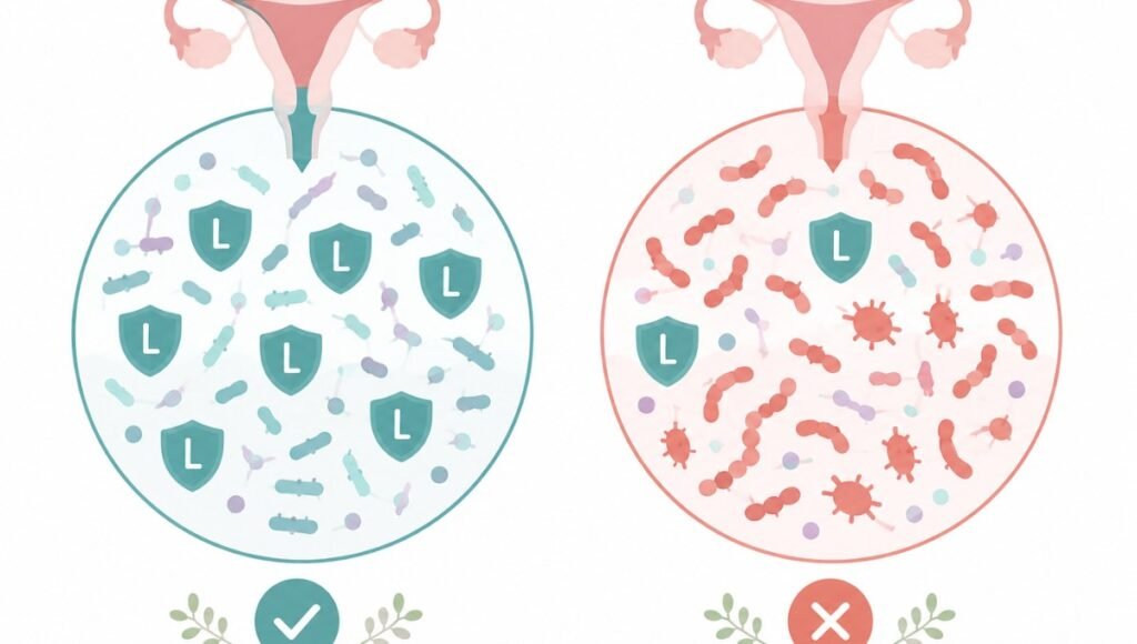 Medical illustration showing healthy vaginal microbiome with dominant Lactobacillus versus BV microbiome imbalance with anaerobic bacterial overgrowth

