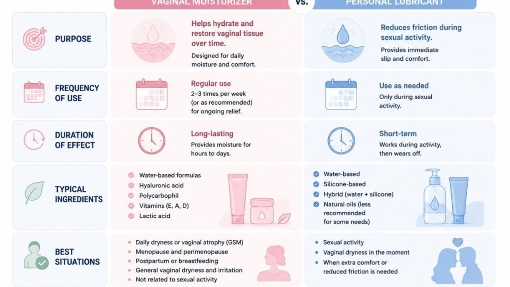 Comparison chart explaining the differences between vaginal moisturizers and personal lubricants