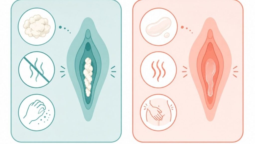 Illustration comparing yeast infection characteristics showing thick discharge and itching versus BV showing thin discharge and fishy odour
