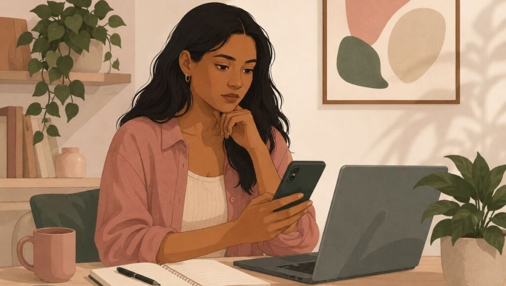 Woman researching health symptoms privately representing the confusion between yeast infection and BV symptoms