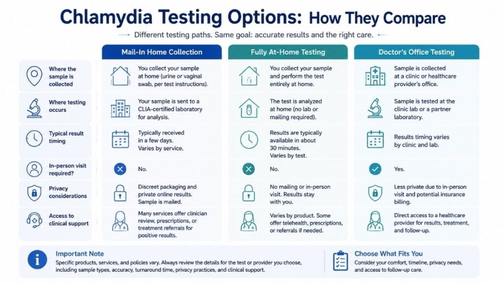 Comparison of mail-in, fully at-home, and doctor's office chlamydia testing options