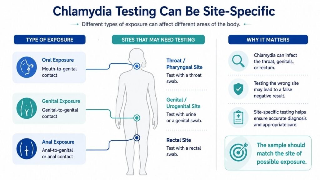 Anatomical sites that may require chlamydia testing including genital, rectal, and throat sites