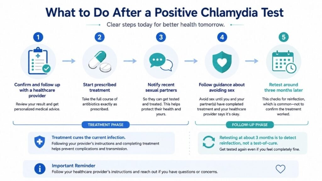 Steps to take after a positive chlamydia test including treatment, partner notification, and retesting